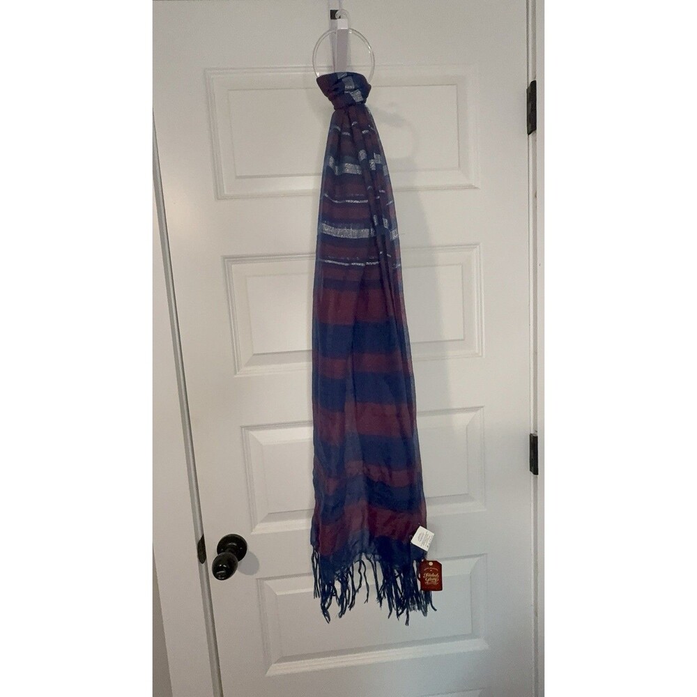 Faded Glory Oversized Scarf Shawl Wide Navy Burgundy Silver Metallic Stripe NWT